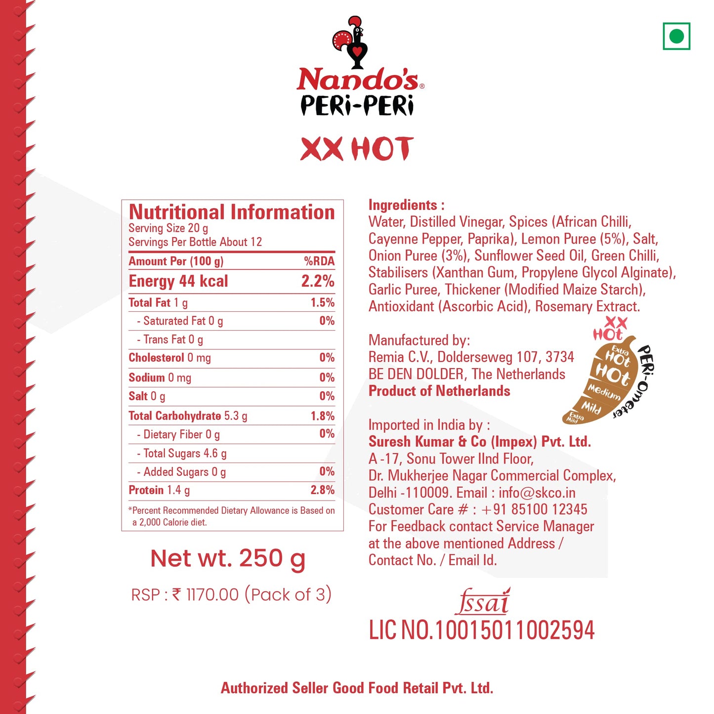 Nando's Peri Peri Chilli Sauce - XX Hot 250g + Hot 250g + Medium 250g, Pack of 1 each, Product of Netherlands, Vegetarian Sauce Made with Natural Ingredients No Preservatives - "Peri Peri Heat Trio!"