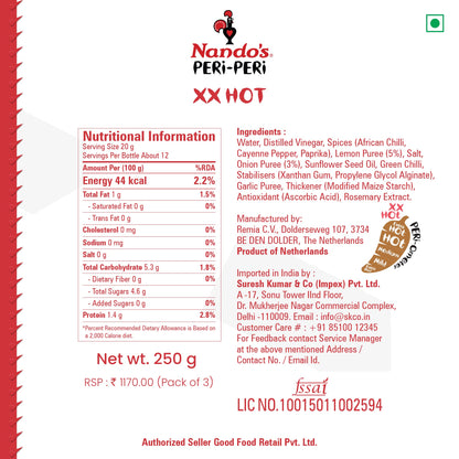 Nando's Peri Peri Chilli Sauce - XX Hot 250g + Hot 250g + Medium 250g, Pack of 1 each, Product of Netherlands, Vegetarian Sauce Made with Natural Ingredients No Preservatives - "Peri Peri Heat Trio!"