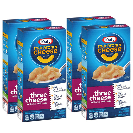 Kraft Macaroni and Cheese Dinner, Three Cheese Pack of 4, x 206 g - "Cheese Trio Pack!"