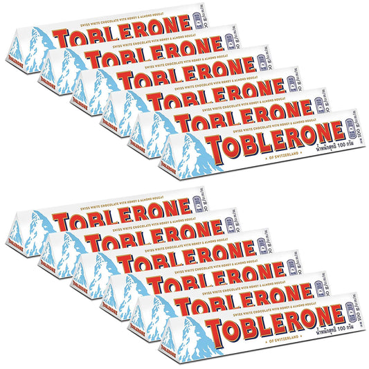 Toblerone of Switzerland White Chocolate with Honey and Almond Nougat - 12 Pack, 12 X 100 g