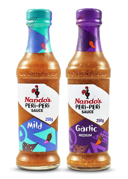 Nando's Peri Peri Chilli Sauce - Mild 250g + Garlic 250g, Pack of 1 each, Product of Netherlands - "Mild & Garlic Peri Peri Duo!"