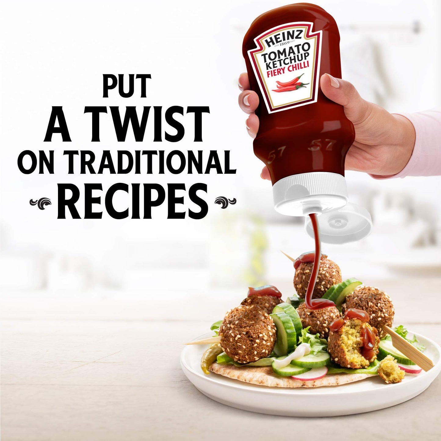 Heinz Tomato Ketchup Fiery Chilli, 255g - Tomato ketchup with a spicy chili flavor.