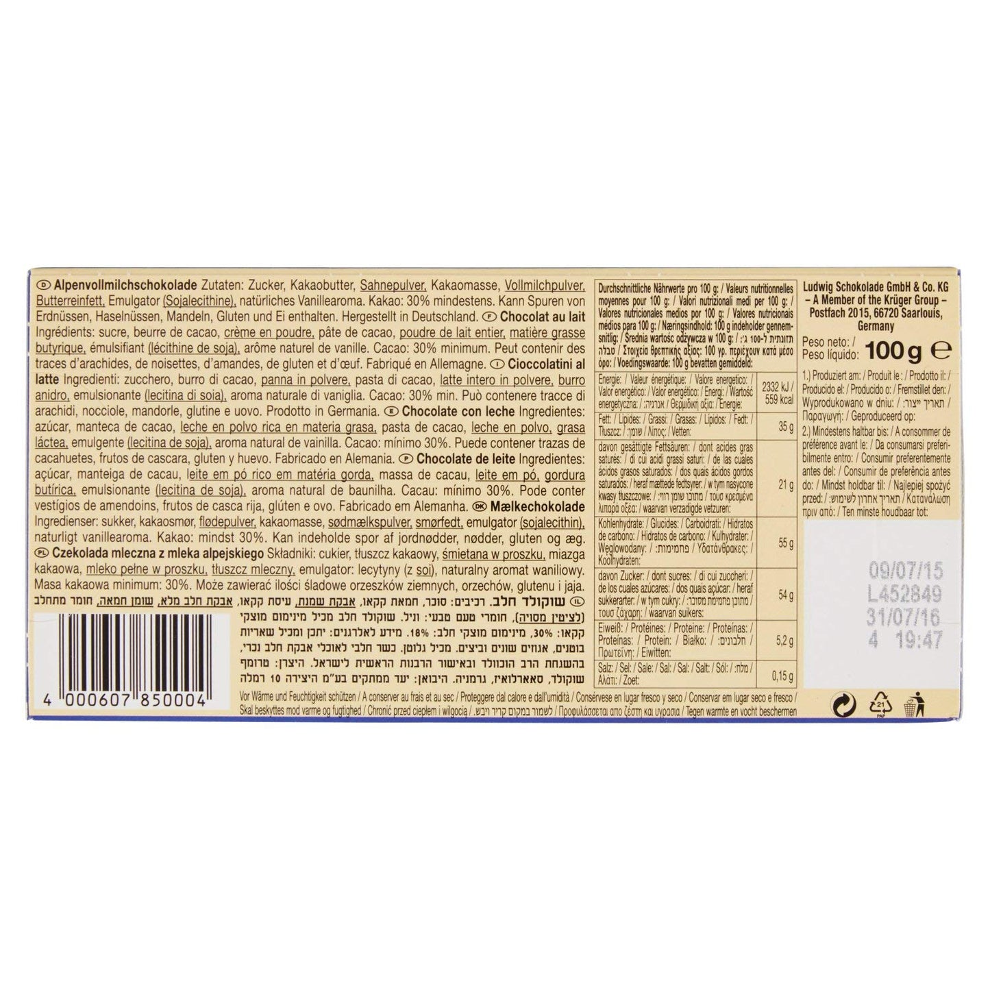 Schogetten Alpine Milk Chocolate, 100g