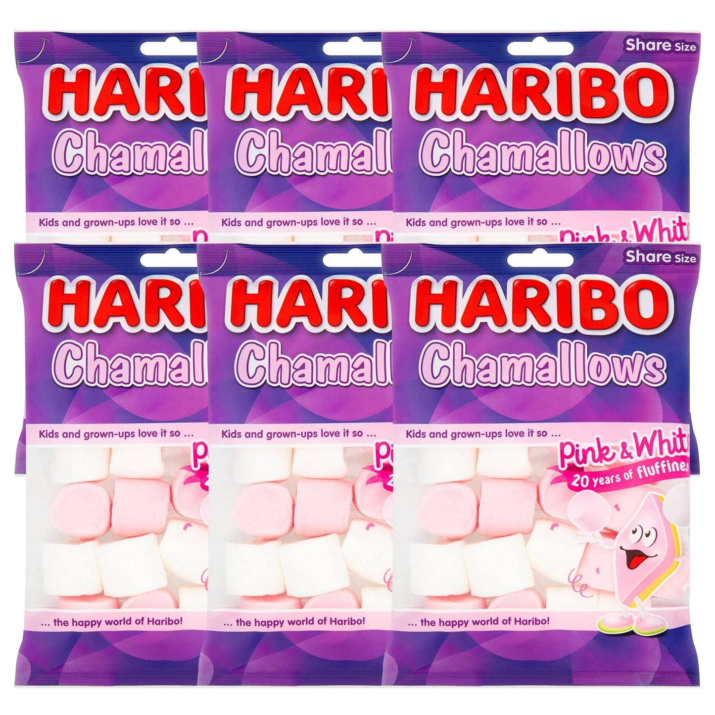 Haribo Chamallows Pink & White, Share Size, 4.94 oz / 140 g, 6 Pack - Six packs of pink and white marshmallows, ideal for sharing.