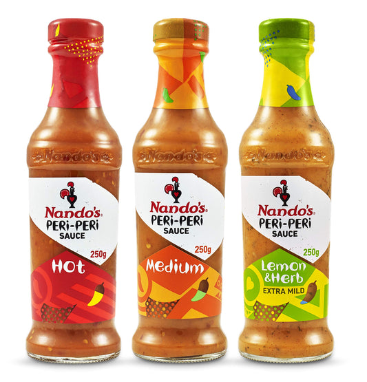 Nando's Peri Peri Chilli Sauce - Hot 250Gm + Medium 250Gm + Lemon & Herb 250Gm, Pack Of 1 Each, Product Of Netherlands - "Peri Peri Variety Pack!"