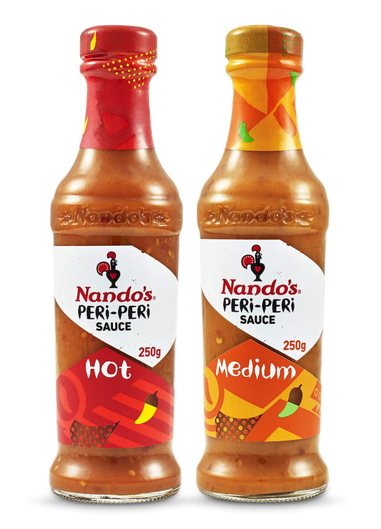 Nando's Peri Peri Chilli Sauce - Hot 250g + Medium 250g, Pack of 1 each, Product of Netherlands - "Hot & Medium Peri Peri Duo!"