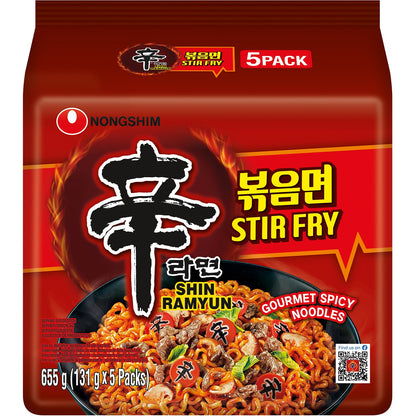 Nongshim NEW! Stir Fry Shin Ramyun Instant Noodles with Real Chicken Flakes Added, Gourmet Spicy, 23.1 oz / 655 g, 5 Pack - "Nongshim Stir Fry Shin Ramyun - 5 Pack, 655g of Spicy Noodles with Real Chicken!"