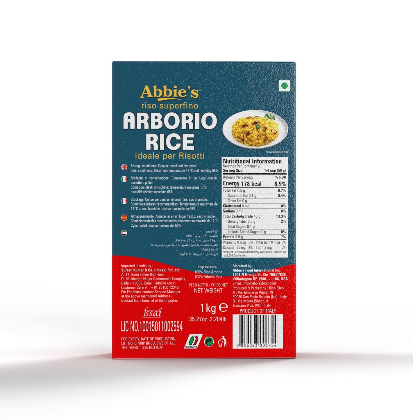 Abbie's Italian Arborio Rice, Produced In Italy, 1kg Vacuum Packed - Perfect Rice for Risotto - Italian Culinary Perfection!