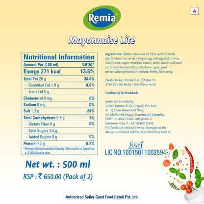 Remia Mayolite (Light Mayonnaise) 500 g Pack of 2 - Light Mayo Double Pack!