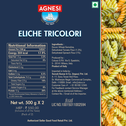 Agnesi Eliche Tricolor Pasta, 500g, Pack of 2, Product of Italy - Taste the Rainbow!