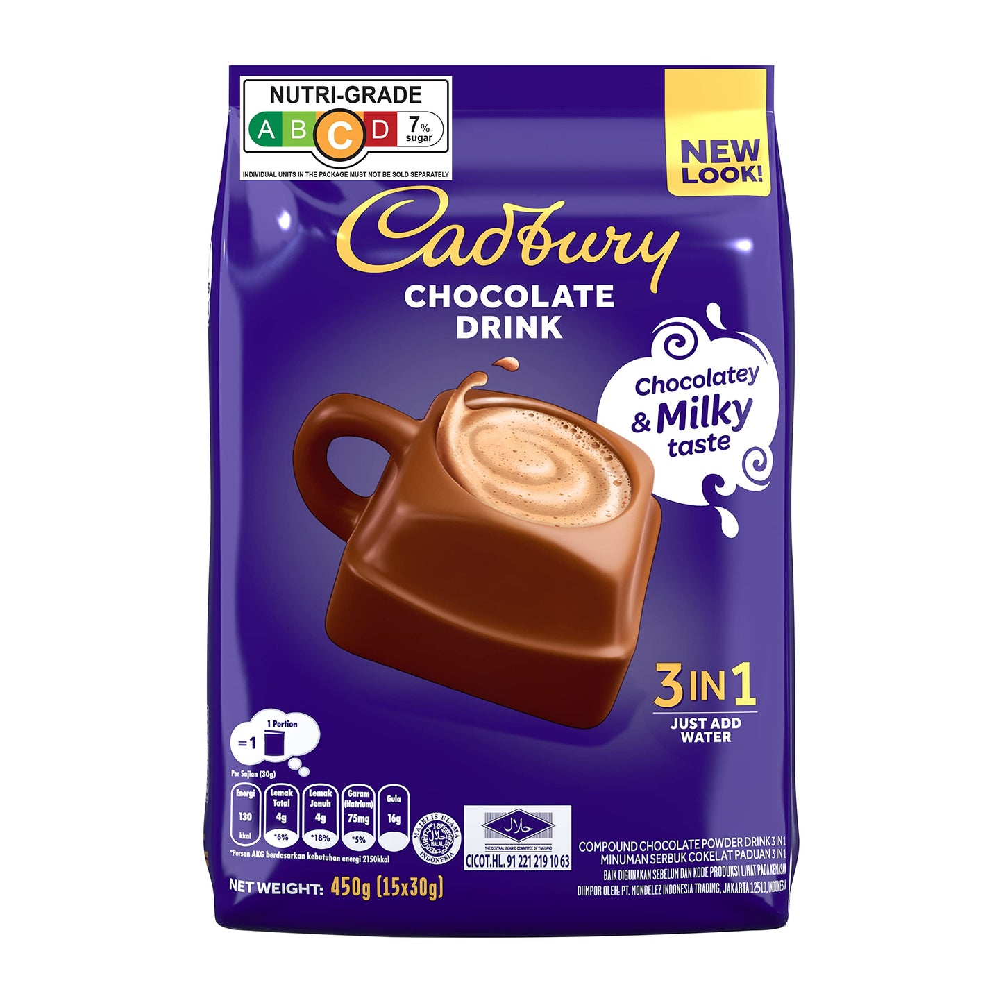 Cadbury 3 in 1 Hot Chocolate Drink Powder, 15 x 30gms - Triple chocolate delight