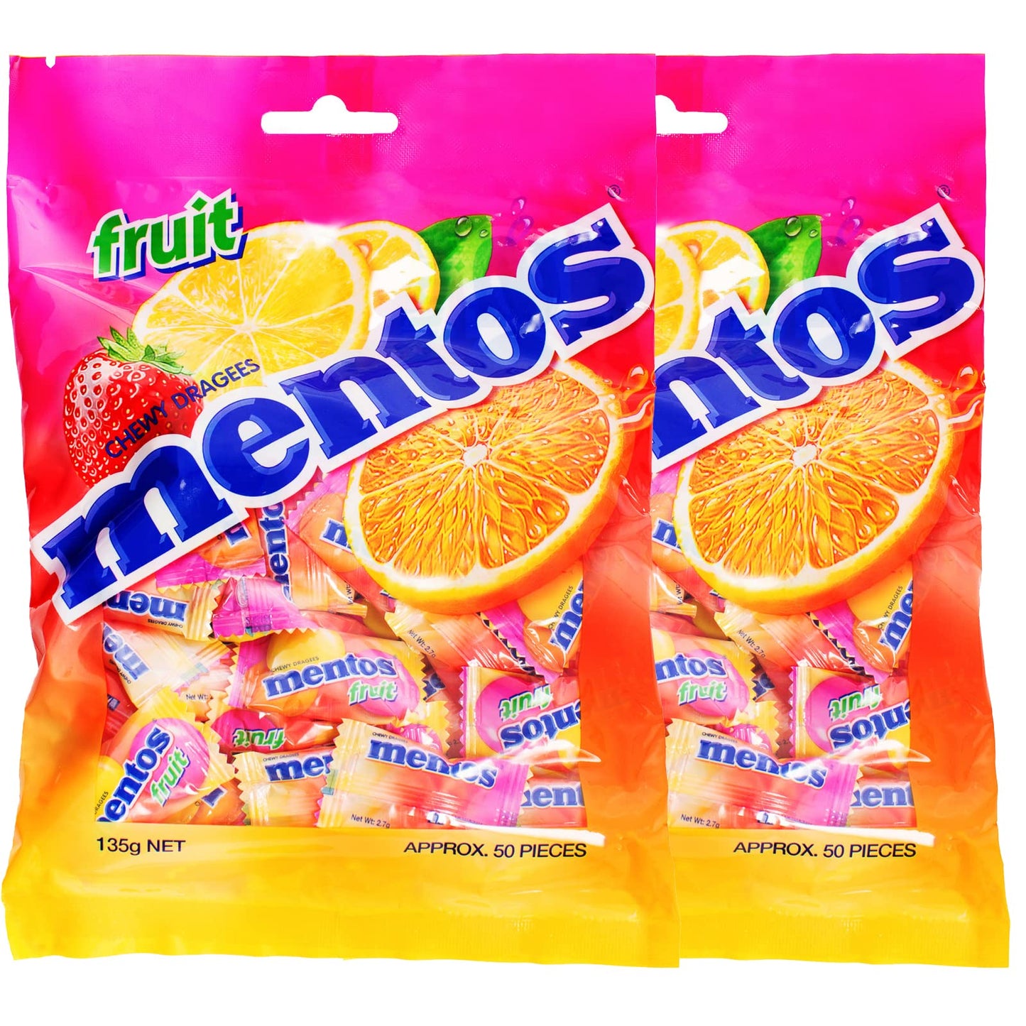 Mentos Chewy Dragees Fruit, 2 x 135 g - "Double Pack Fruit Mentos!"