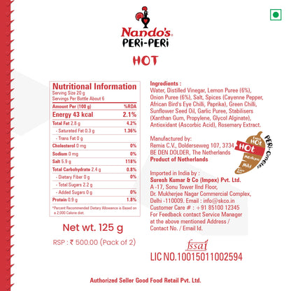 Nando's Peri Peri Chilli Sauce - Hot, 125g, Pack of 2, Product of The Netherlands - "Double Hot Peri Peri Joy!"