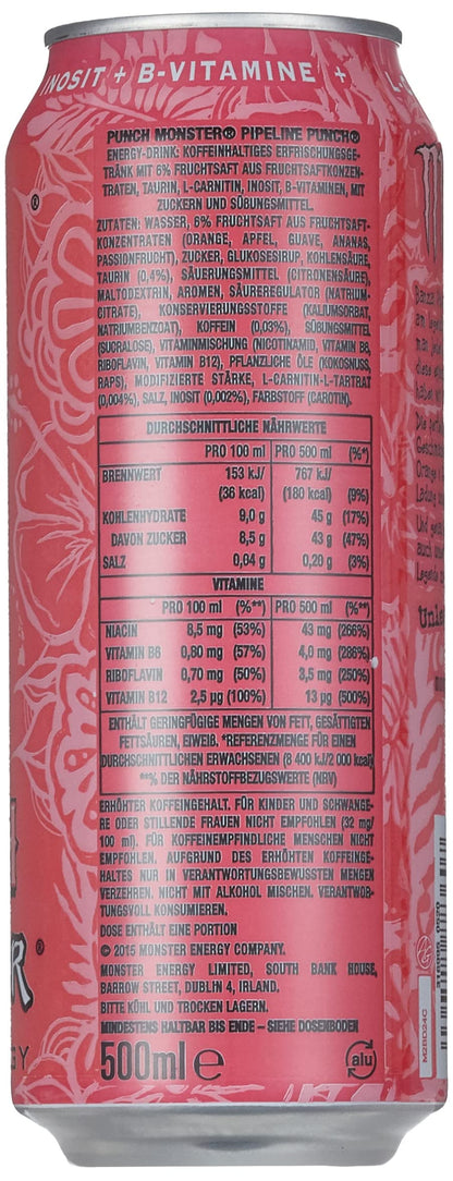 Monster Pipeline Punch Carbonated Energy Drink With A Refreshing Punch Flavor, Orange And Guava 500ml (Pack Of 12) - "Pipeline Punch Delight!"