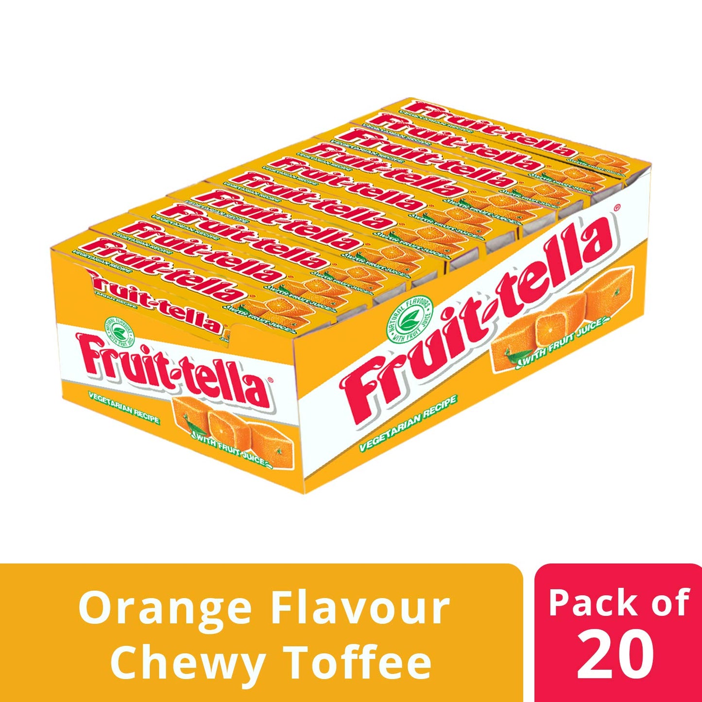 Fruitella, Orange Flavour, Chewy Toffee Stick Pack, 900 Gm- Pack of 20 - Orange-flavored chewy toffee sticks! Enjoy the tangy and sweet orange flavor in every bite with this bulk pack!