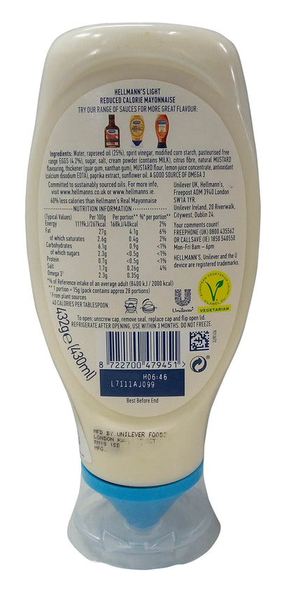 Hellmanns Mayonnaise - Light, 430ml Bottle - Light version of Hellmann's classic mayonnaise.