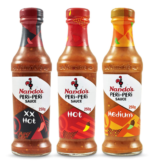 Nando's Peri Peri Chilli Sauce - XX Hot 250g + Hot 250g + Medium 250g, Pack of 1 each, Product of Netherlands, Vegetarian Sauce Made with Natural Ingredients No Preservatives - "Peri Peri Heat Trio!"