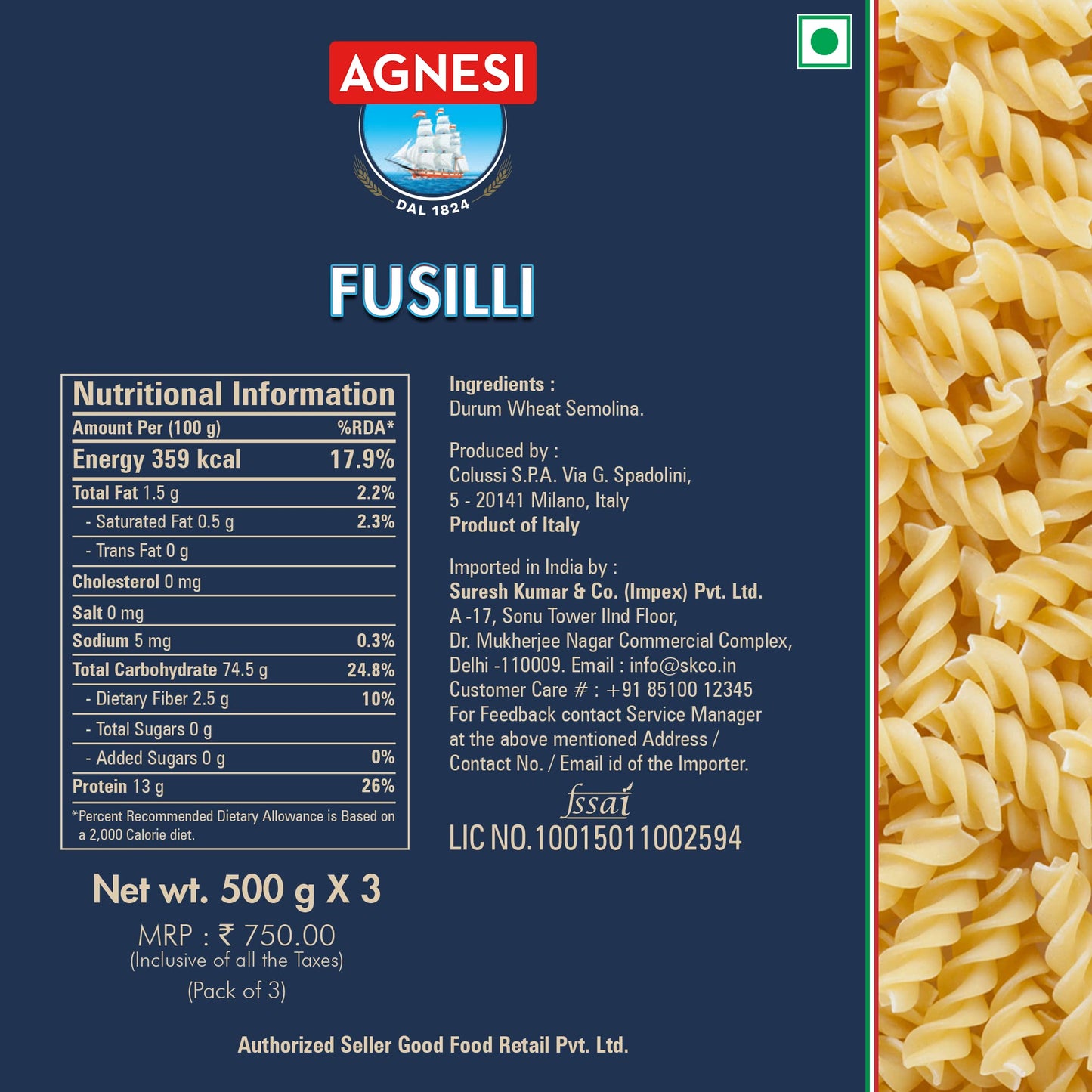 Agnesi Pasta Penne 500g + Fussili 500g + Spaghetii 500g, Pack of 1 each, Product of Italy