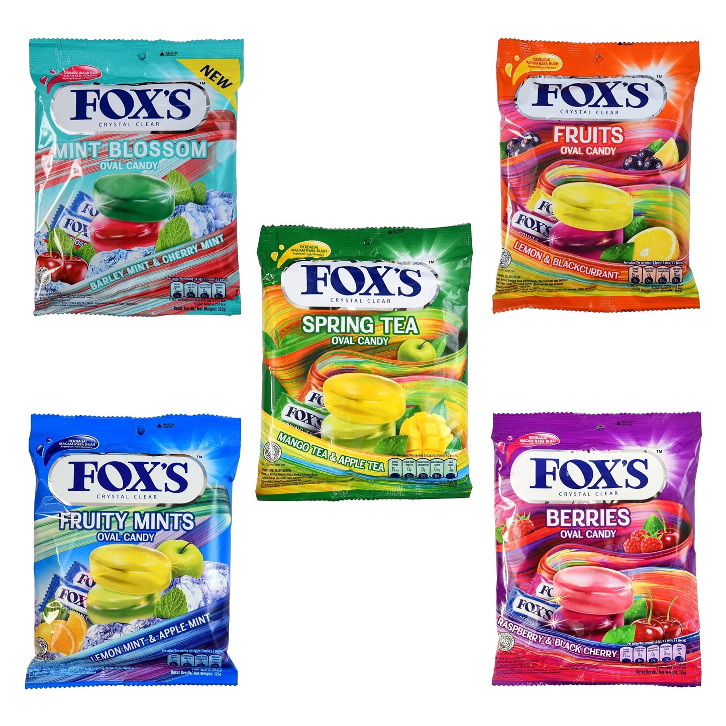 Fox's Crystal Clear Fruits Oval Candy Mix Flavoured 90g x 5 Pouch - Mixed fruit oval candy, 90g x 5!