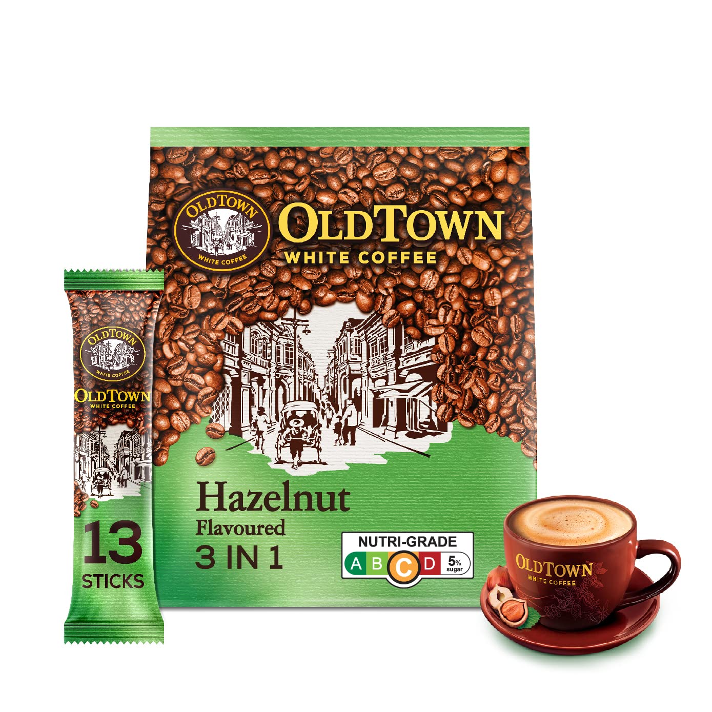 Old Town White Coffee Hazelnut 3 in 1 Instant Premix White Coffee 13 Stick, Packet 570g