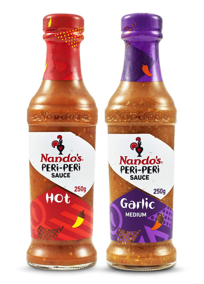 Nando's Peri Peri Chili Sauce - Hot 250g + Garlic 250g, Pack of 1 each, Product of Netherlands - "Hot & Garlic Peri Peri Duo!"