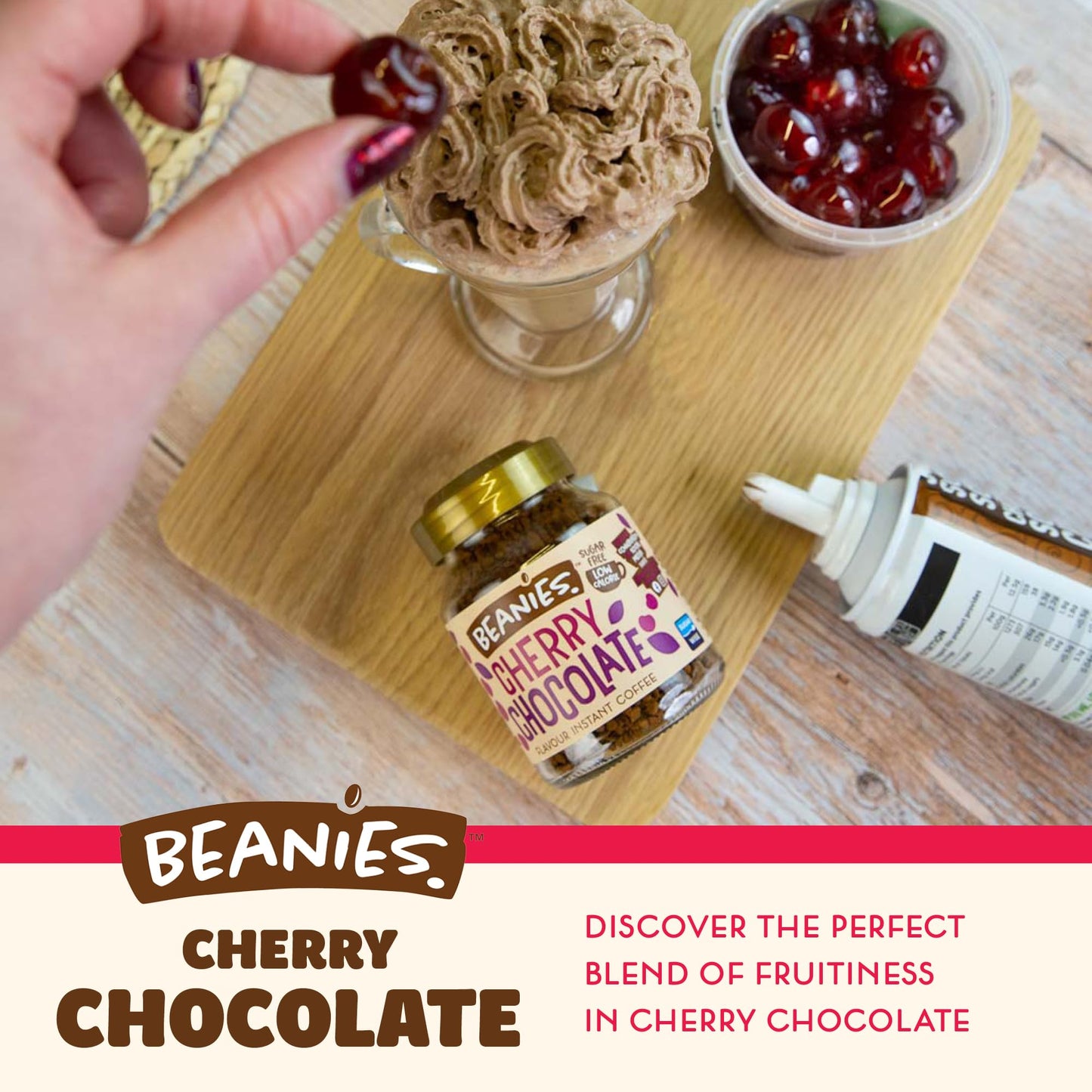 Beanies | Instant Flavoured Coffee | Cherry Chocolate | Low Calorie, Sugar Free | 50 g | Pack of 1 - Cherry chocolate indulgence