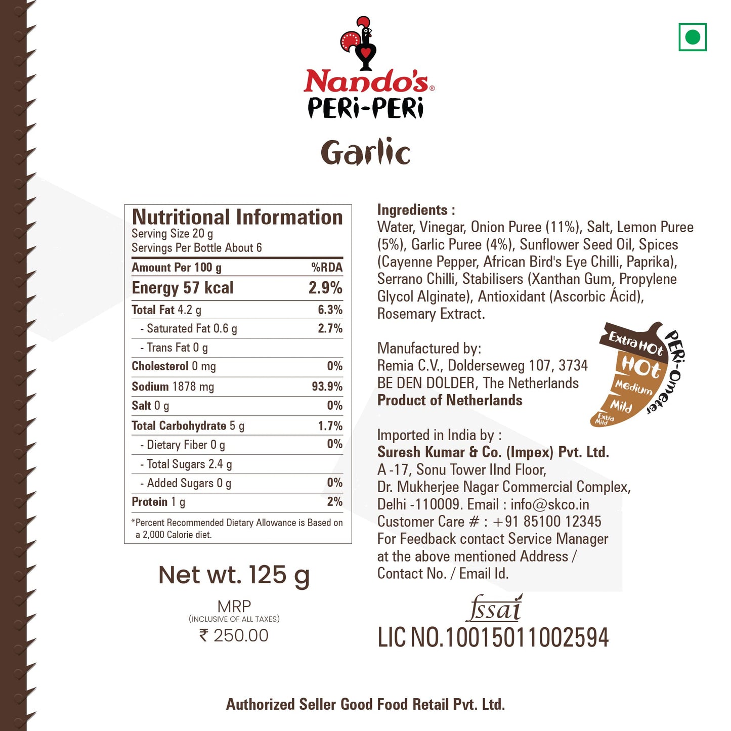 Nando's Peri Peri Chilli Sauce - Garlic, 125g, Product of The Netherlands - "Garlic Peri Peri Delight!"