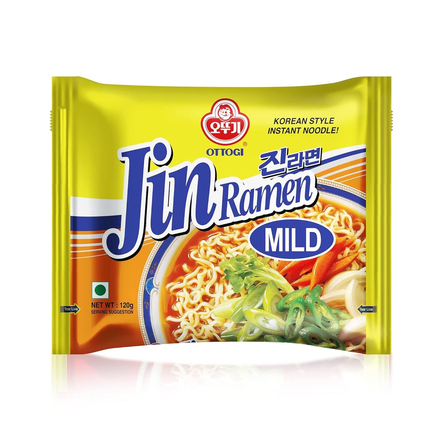 Ottogi Jin Ramen Korean Style Vegetarian Instant Noodles, Mild Flavor 120g, Pack of 10, (Product of Korea)