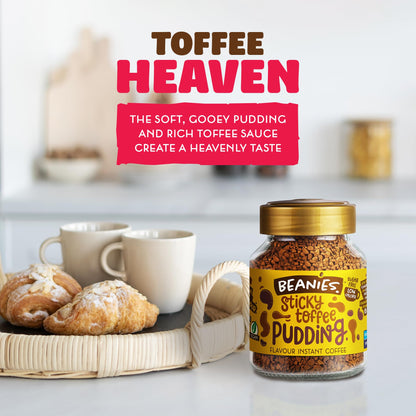 Beanies | Instant Flavored Coffee | Sticky Toffee Pudding | Low Calorie, Sugar Free | 50 g | Pack of 1 - Dessert delight in a mug