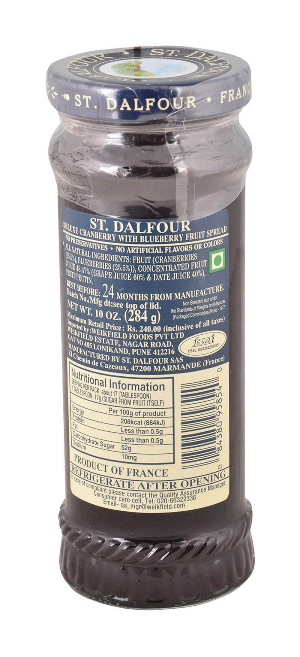 St. Dalfour Spread - High Fruit Content Cranberry with Blueberry, 284g Jar