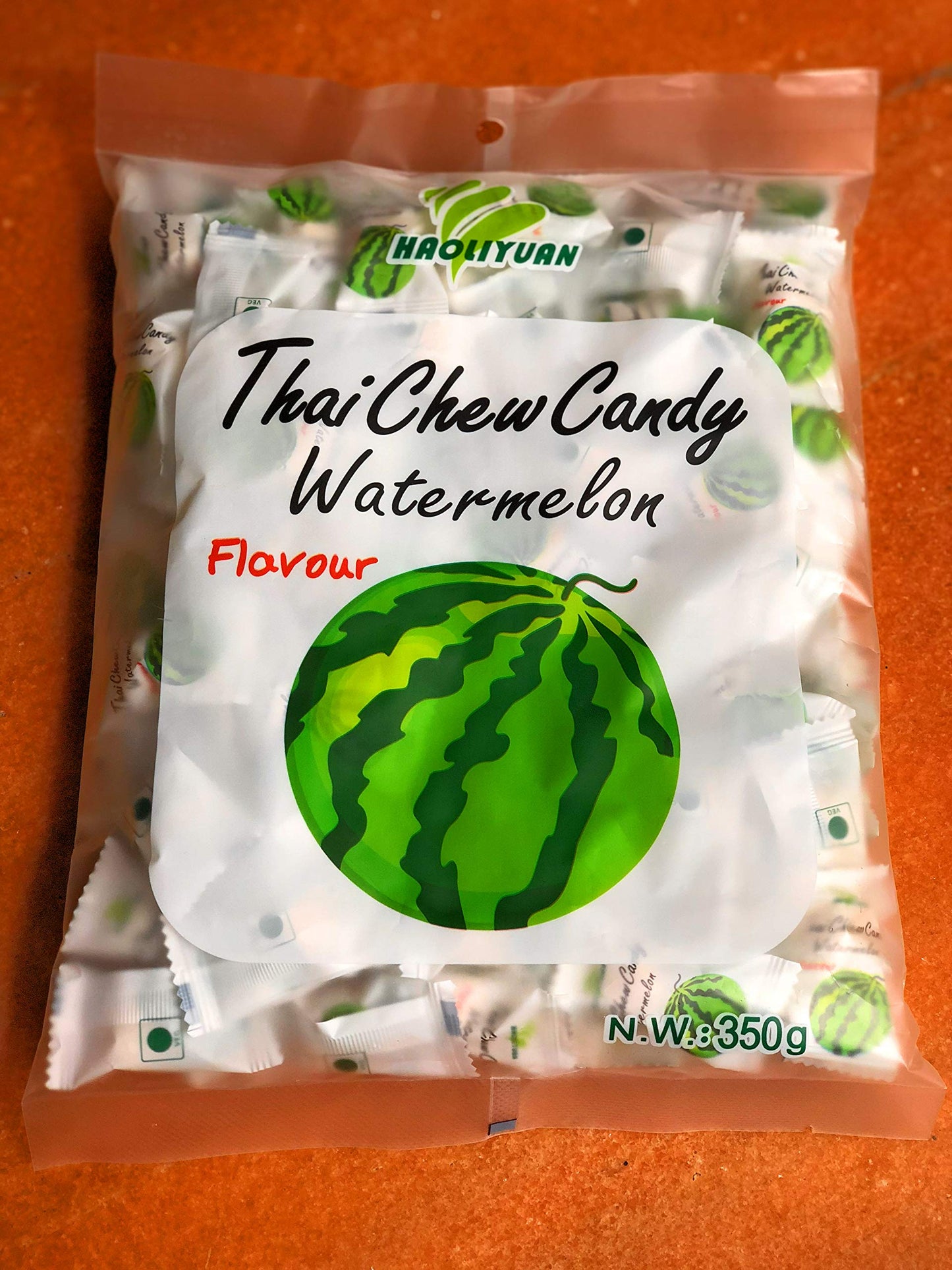 Haoliyuan Thai Chew Candy Watermelon 350g (appx 100pcs) - Watermelon flavored chew candy, approximately 100 pieces per pack.