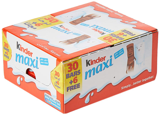 Kinder Maxi Filled With Milk Chocolate With a Rich Milky Filling Pack of 30+6 Bars 756g Jumbo Size Box - Enjoy the rich taste of milk chocolate with a creamy filling in Kinder Maxi, pack of 30+6 bars, 756g.