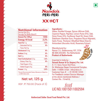 Nando's Peri Peri Chilli Sauce - XX Hot 125g + Hot 125g + Medium 125g, Pack of 1 each, Product of The Netherlands - "XX Hot Peri Peri Trio!"