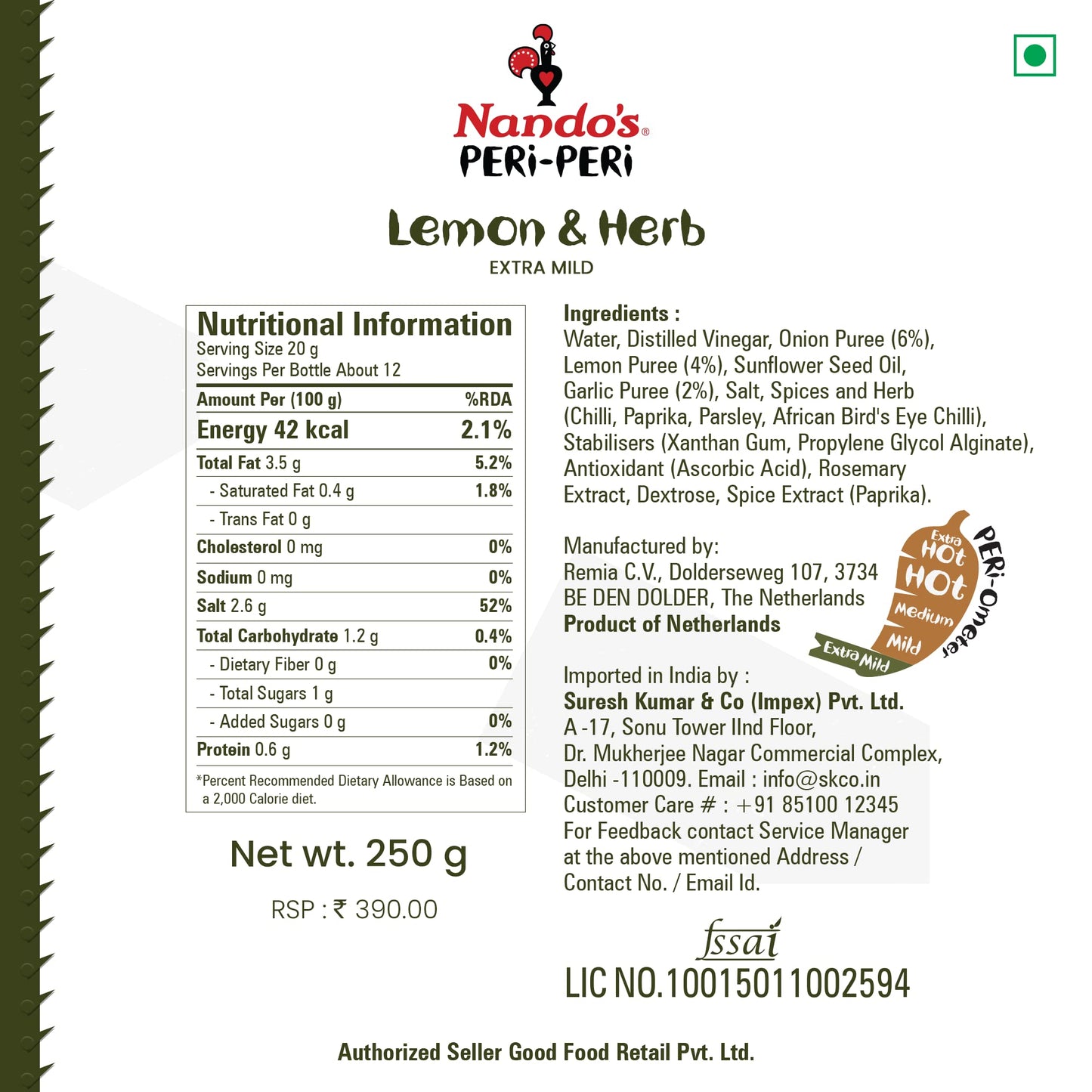 Nando's Peri Peri Chilli Sauce, Lemon and Herb, 250g, Product of The Netherlands - "Lemon & Herb Peri Peri Joy!"