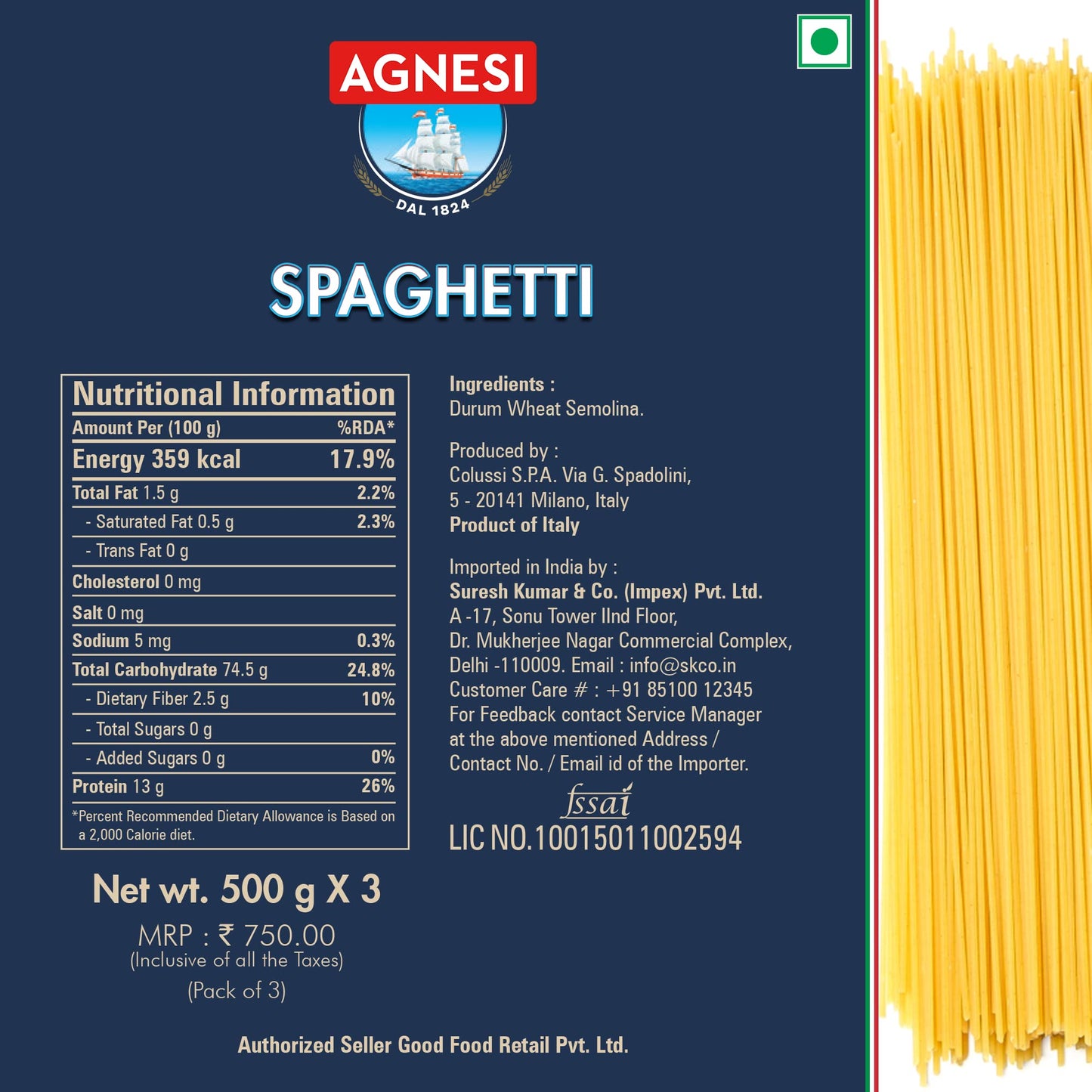 Agnesi Pasta Penne 500g + Fussili 500g + Spaghetii 500g, Pack of 1 each, Product of Italy