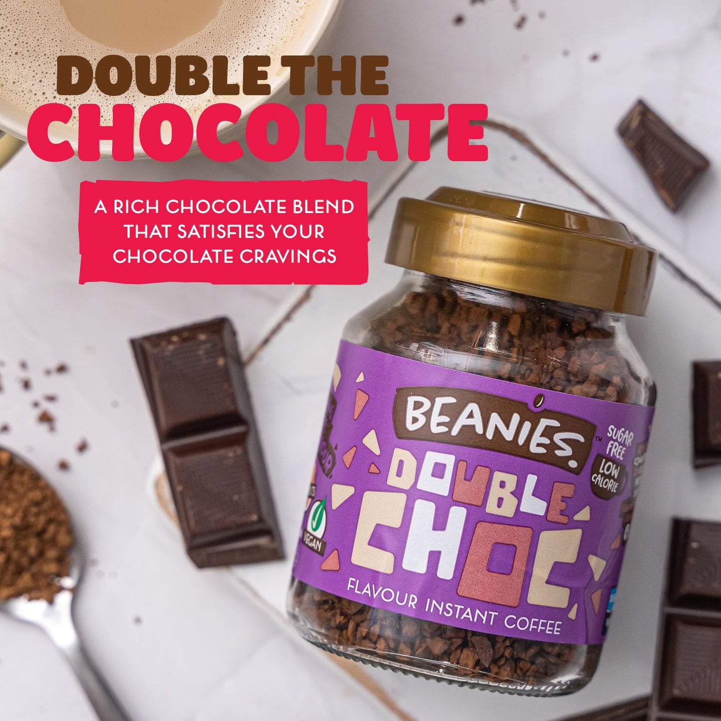 Beanies | Instant Flavored Coffee | Double Chocolate | Low Calorie, Sugar Free | 50 g | Pack of 1 - Double the chocolate, double the joy