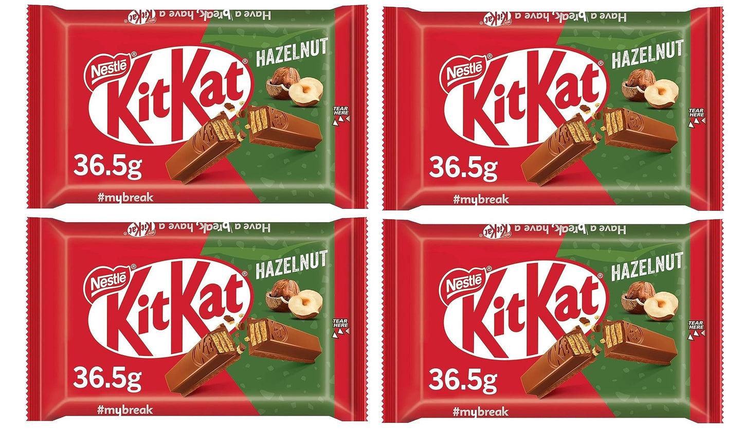 Nestle Kitkat Wafer Bars Hazelnut Covered In Milk Chocolate 36.5g Pack Of 4 (Imported) - "KitKat Wafer Bars Hazelnut - Pack of 4, 36.5g Each of Hazelnut Covered in Milk Chocolate!"