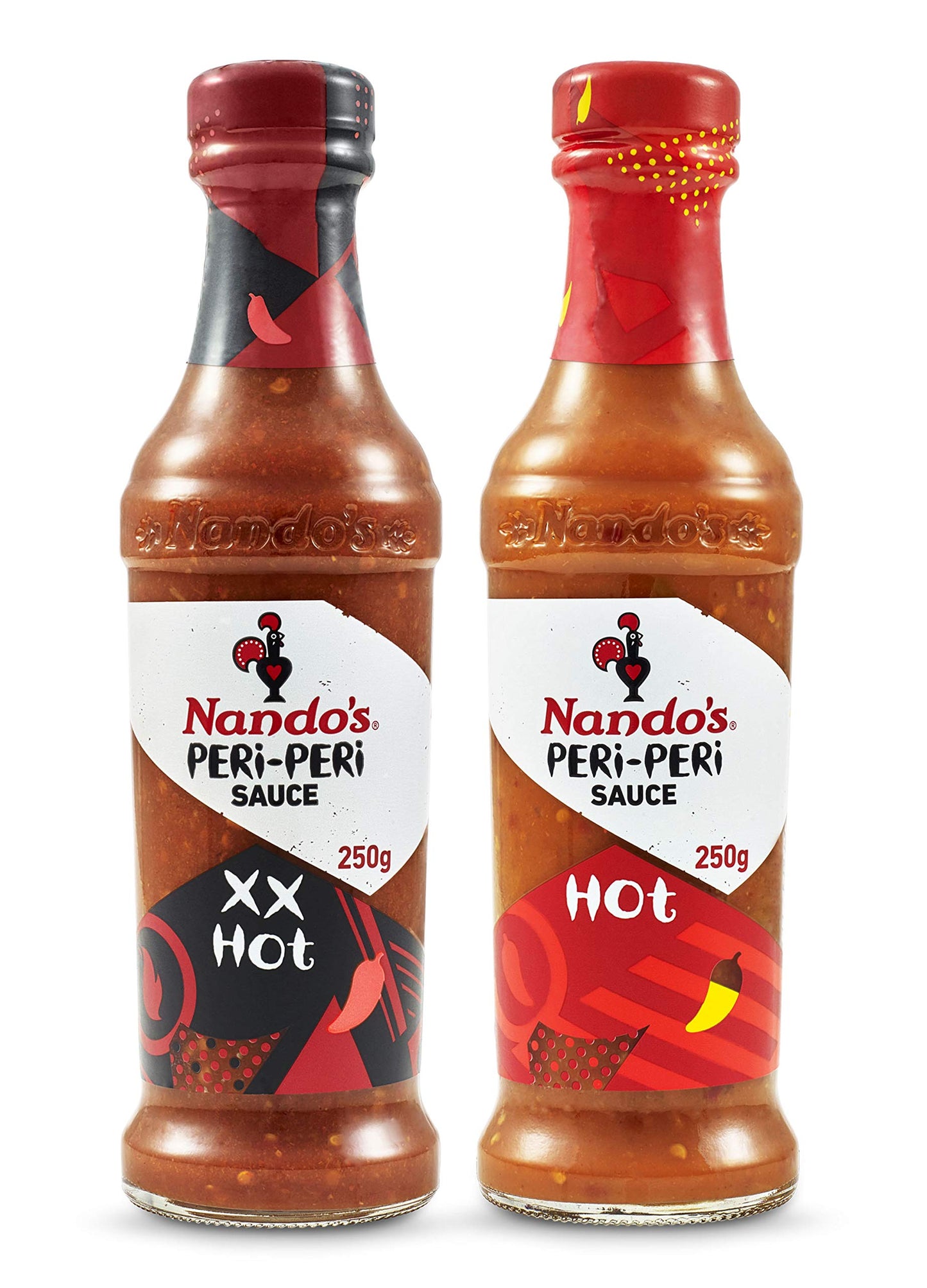 Nando's Peri Peri Chilli Sauce - XX Hot 250g + Hot 250g, Pack of 1 each, Product of Netherlands - "XX Hot & Hot Peri Peri Combo!"