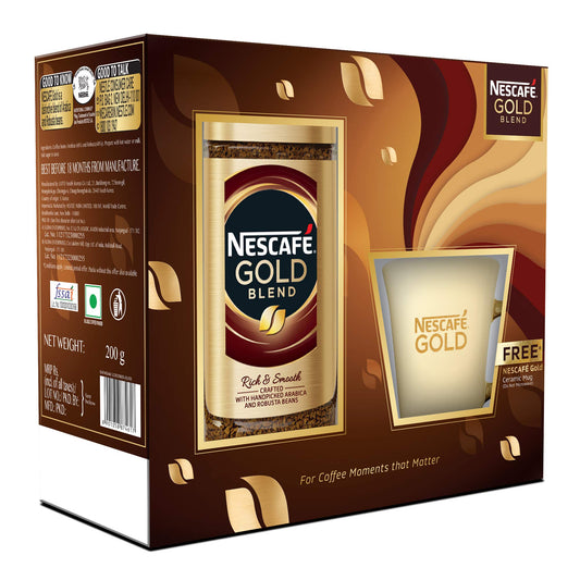 Nescafé Gold Blend Rich and Smooth Solube Instant Coffee Powder - 200 g Glass jar with Premium Ceramic Mug Free - "Rich & Smooth Gold Blend - Free Premium Mug!"