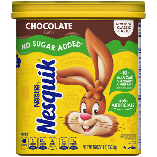 Nesquik Chocolate Powder No Sugar Added, 16 oz - "Chocolate Nesquik - No Sugar Added, All the Chocolate Flavor!"