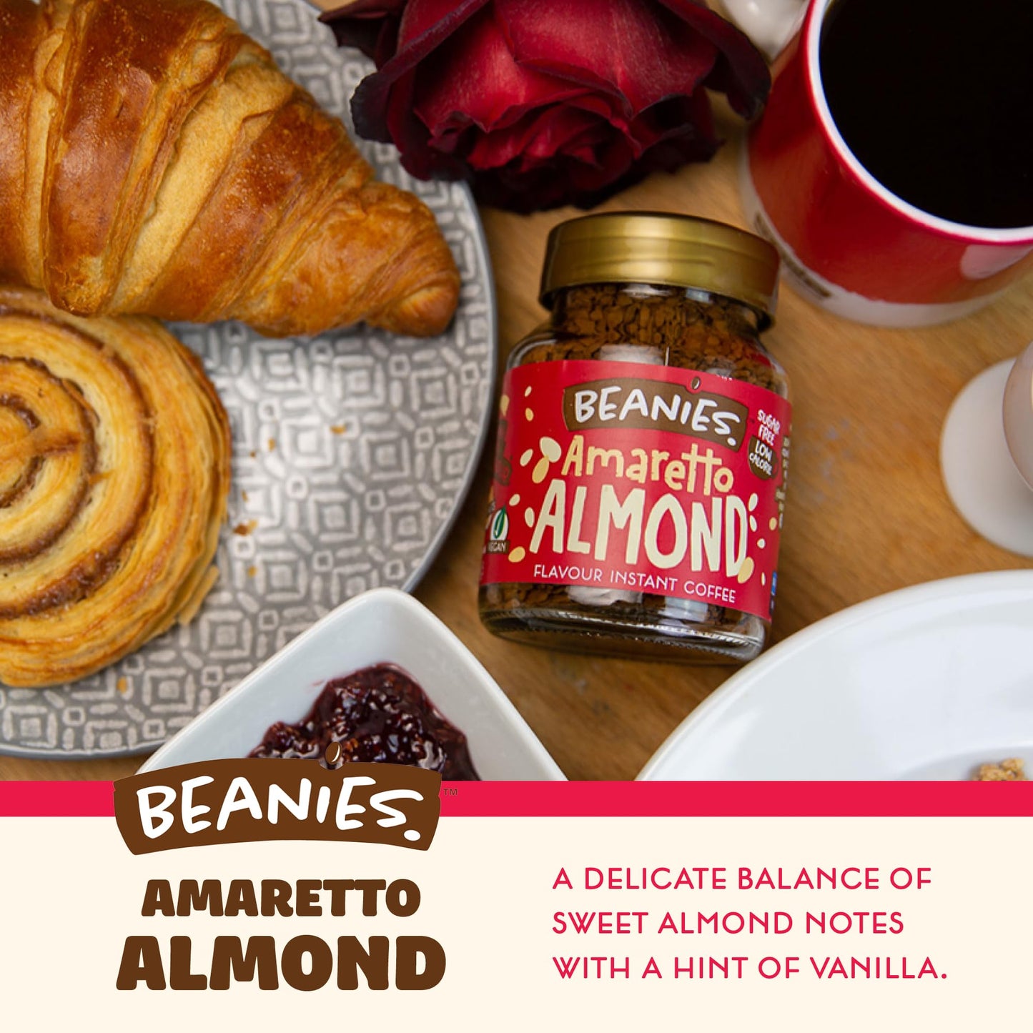 Beanies | Instant Flavoured Coffee | Amaretto Almond | Low Calorie, Sugar Free | 50 g | Pack of 1 - Nutty amaretto perfection