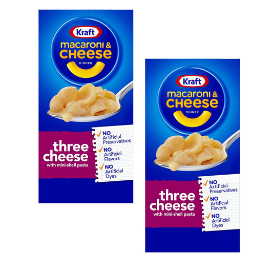 Kraft Macaroni and Cheese Dinner, Three Cheese Pouch Imported, 206 g (Pack of 2) - "Three Cheese Magic!"