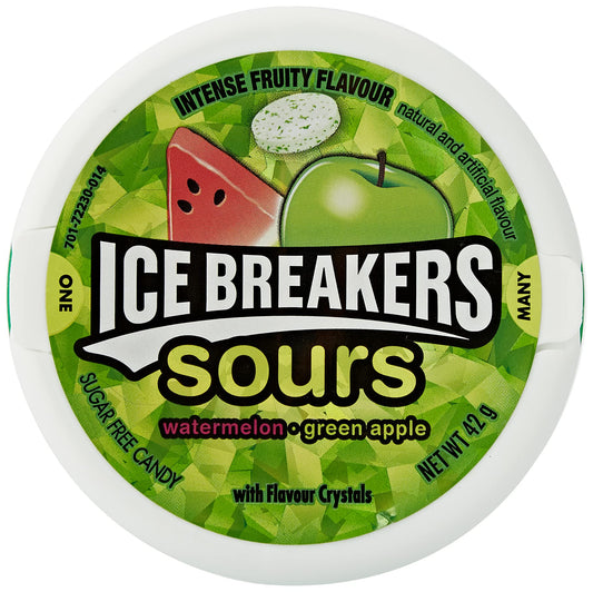 Ice Breakers Sours Watermelon, Green Apple Sugar Free with Flavor Crystals, 1.5 oz ℮ 42 g - Sours mix with watermelon and green apple flavors, 42g of sugar-free refreshment.