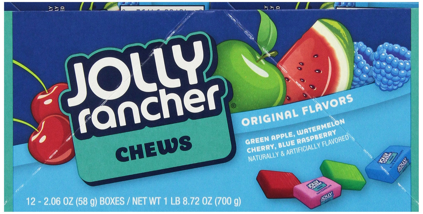 JOLLY RANCHER Chews Mix Fruits, 58Gram - Blue Raspberry, Cherry, Apple, Watermelon - Fun and fruity JOLLY RANCHER Chews Mix Fruits, 58g of assorted flavors.