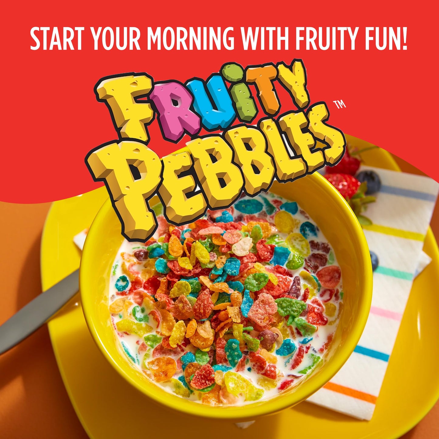 Fruit Pebbles Post Sweetened Rice Cereal, Fruity - 311 G - Fruity Pebbles cereal! Sweetened rice cereal that's bursting with fruity flavors for a fun and colorful breakfast!