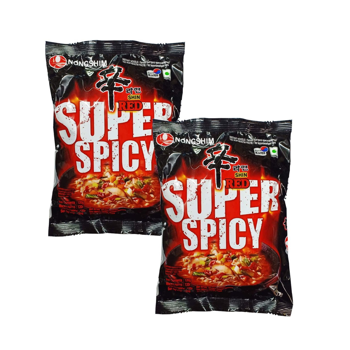 Nongshim Shin Red Super Spicy Instant Noodles, 4.23 oz â„® 120 g, 2 Pack - "Double the spice, double the delight!"