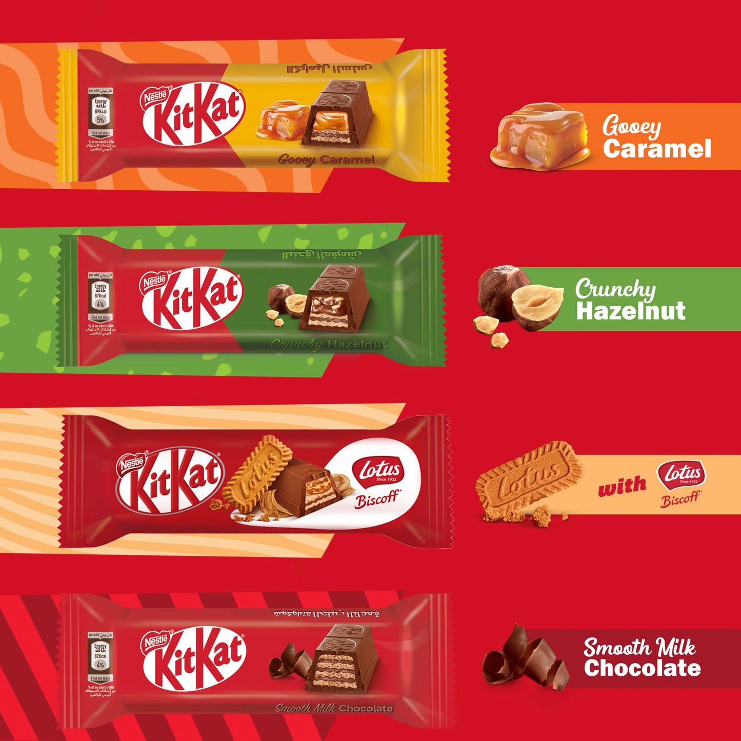 Nestle Kitkat Mini Moments With An New Flavours Of Gooey Caramel, Crunchy Hazelnut, Lotus Biscoff & Smooth Milk Chocolate (Pack Of 2) x 201g