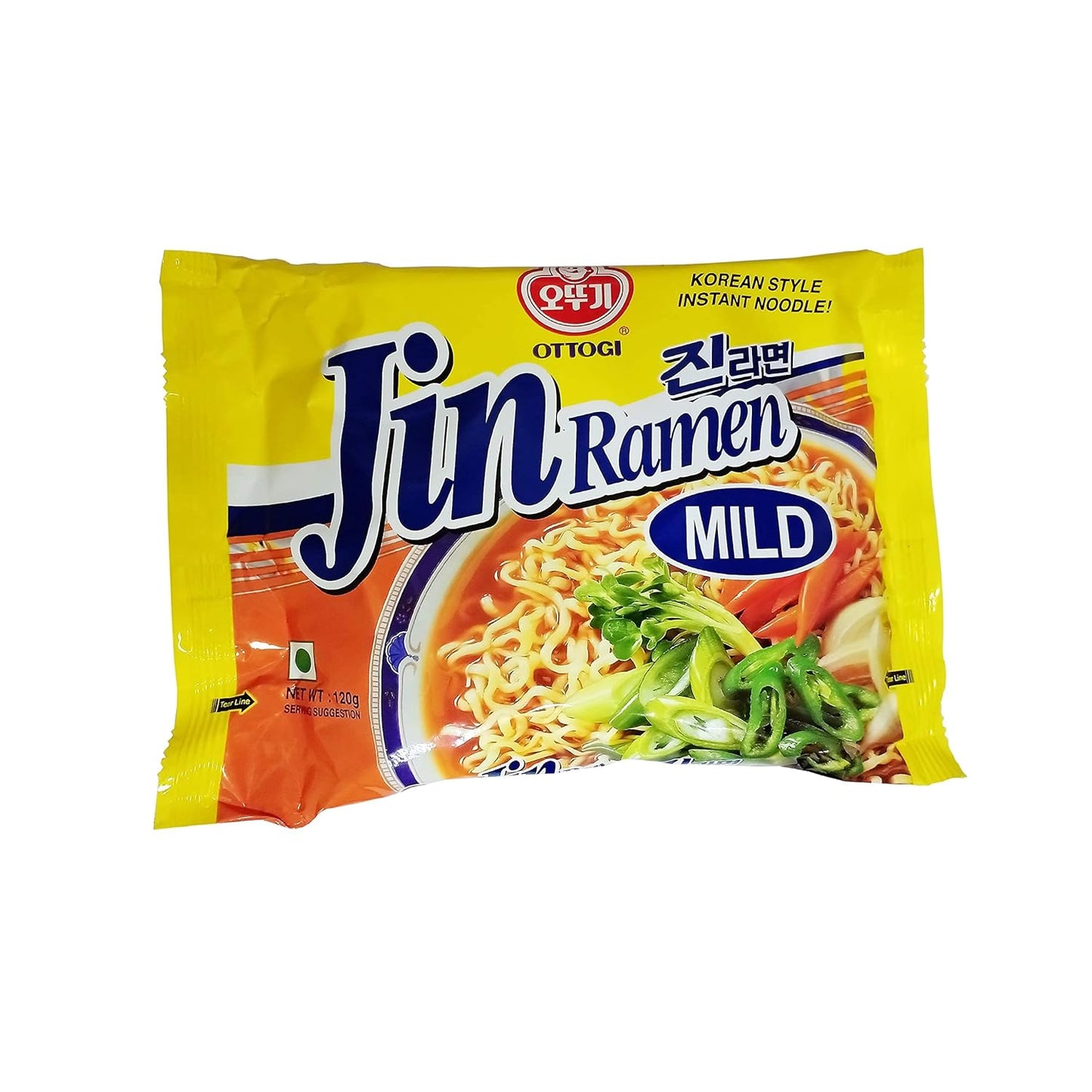 Ottogi Jin Ramen Korean Style Vegetarian Instant Noodles Mild Flavor, 120g (Pack of 2) The Product Of Korea