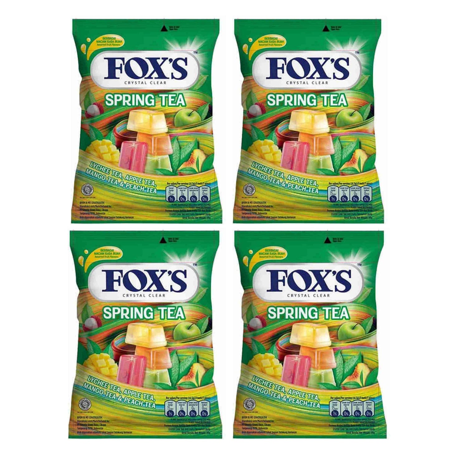 Fox's Crystal Clear Spring Tea Candy, 90g [Lychee Tea, Apple Tea, Mango Tea, Peach Tea Candy] (Fox's Tea- 90g x 4) - Four-pack assorted tea candy!