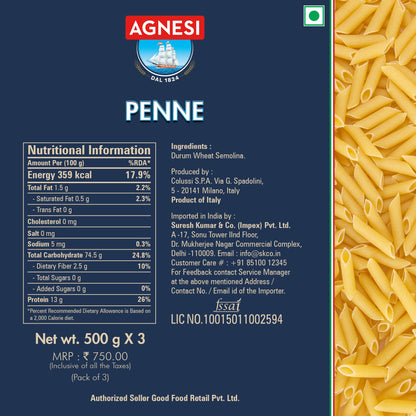 Agnesi Penne Pasta, 500g, Pack of 3, Product of Italy - Triple the Taste!